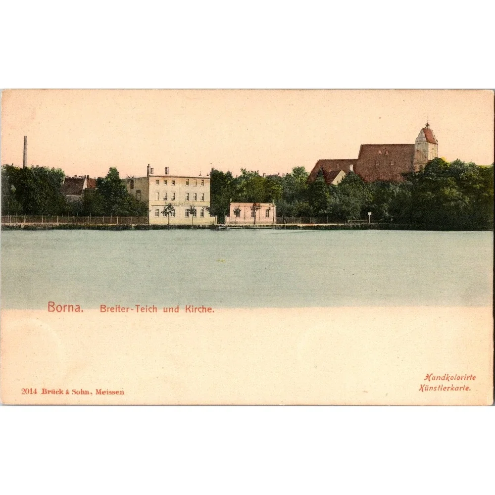 Vintage Borna‎ Breiter-Teich und Kirche Handcolored Postcard 1910s